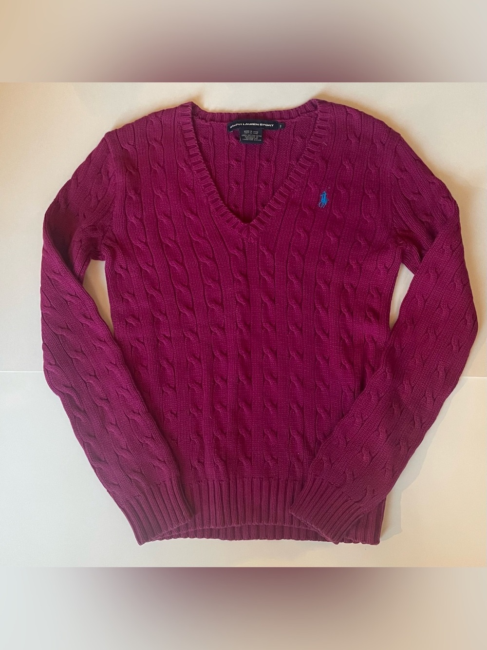Ralph Lauren Women's Cable Knit V-Neck Sweater in Berry